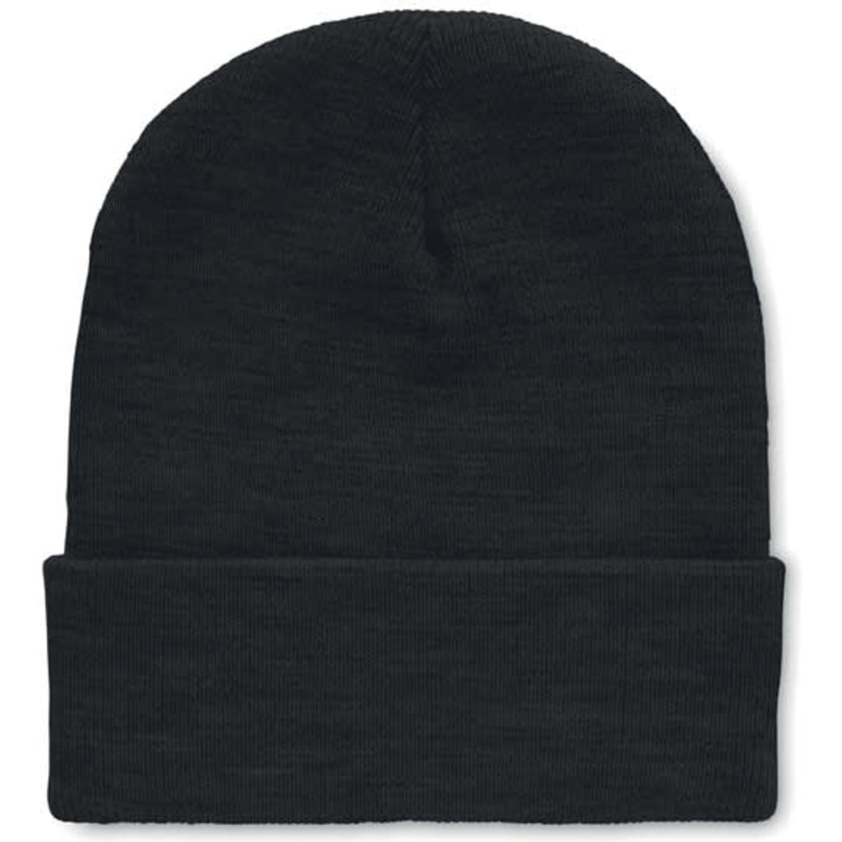 A black beanie hat with a folded cuff and a simple design, featuring a branding logo.
