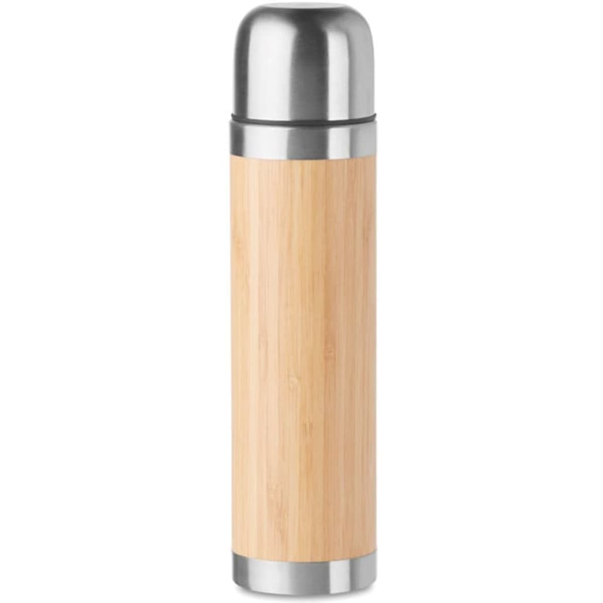 A drink bottle featuring a bamboo exterior and stainless steel cap, with a sleek and modern design.