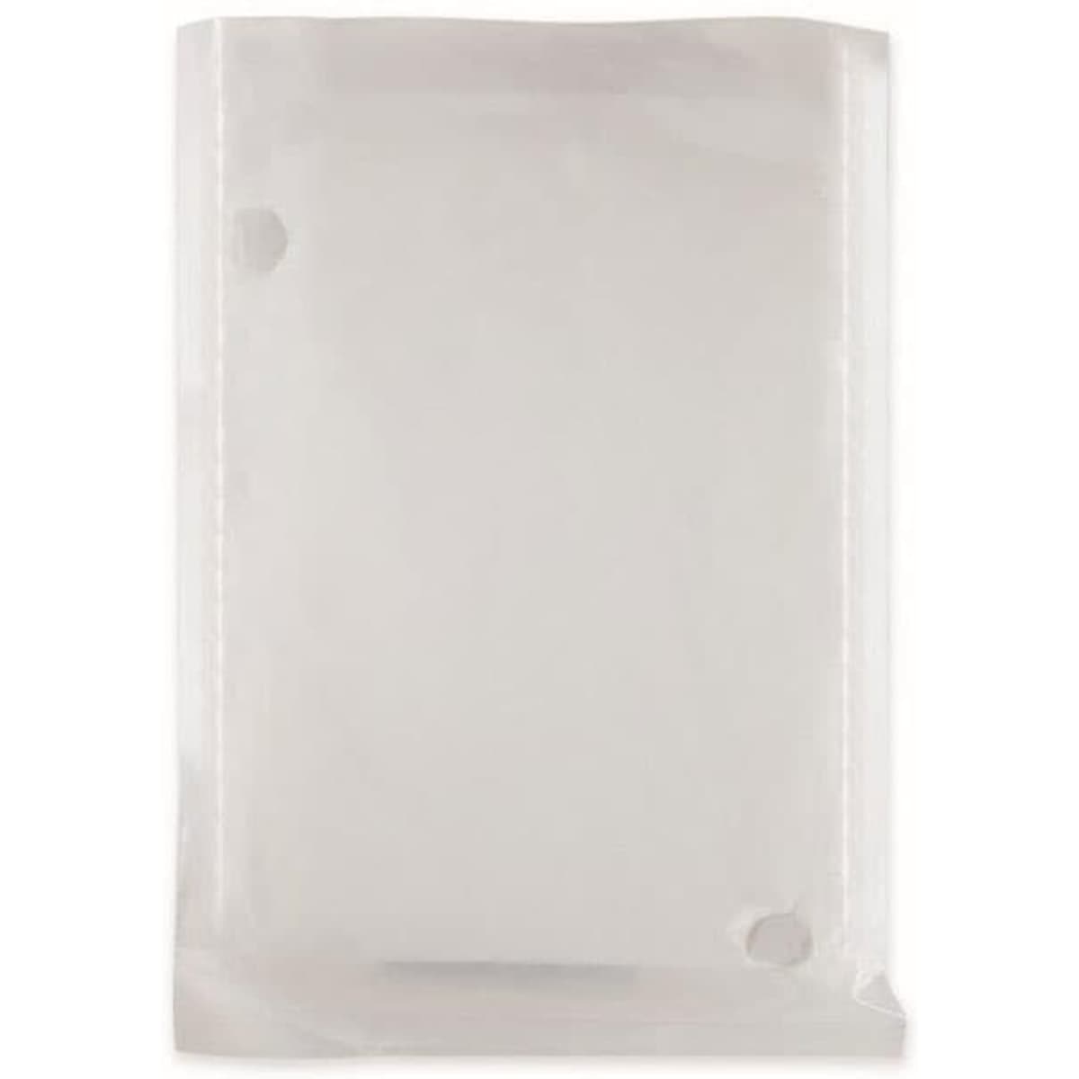 A transparent plastic pouch with a slightly frosted surface and two holes at the top, suitable for storage.