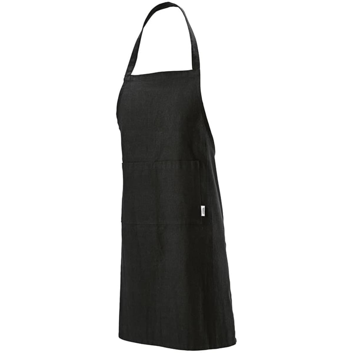 A black apron made from cotton, featuring a simple design and a logo on the side.