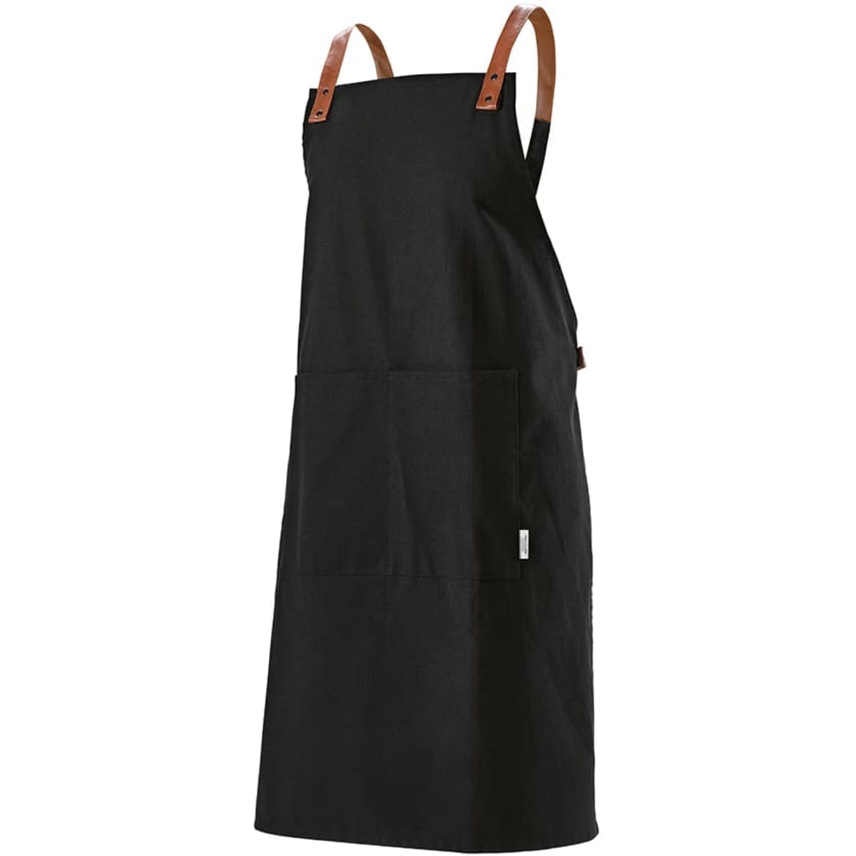 A black apron featuring leather straps and pockets, made from rCotton 280gsm with rPU details.