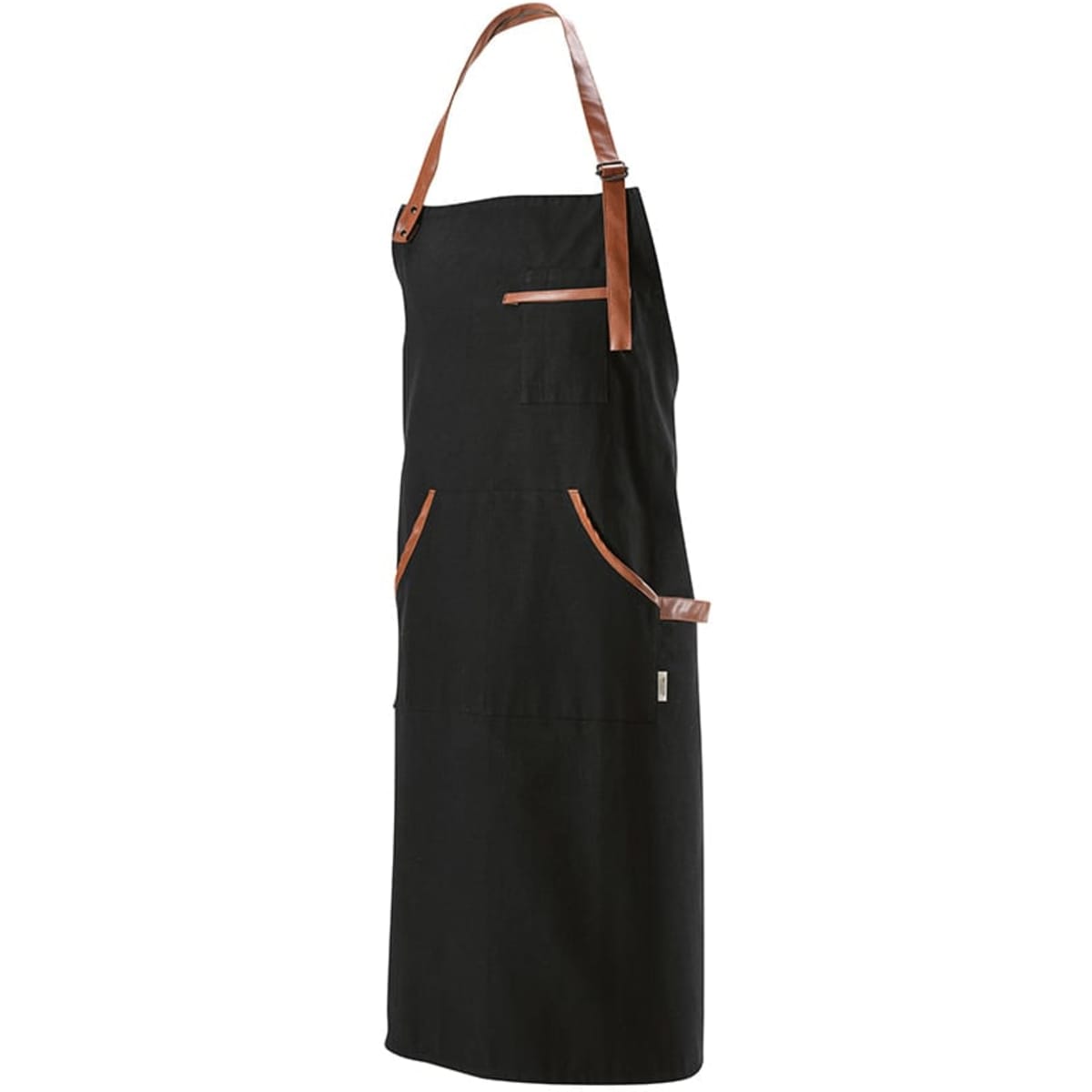 A black cotton apron with leather details and multiple pockets. It features adjustable straps and a logo.