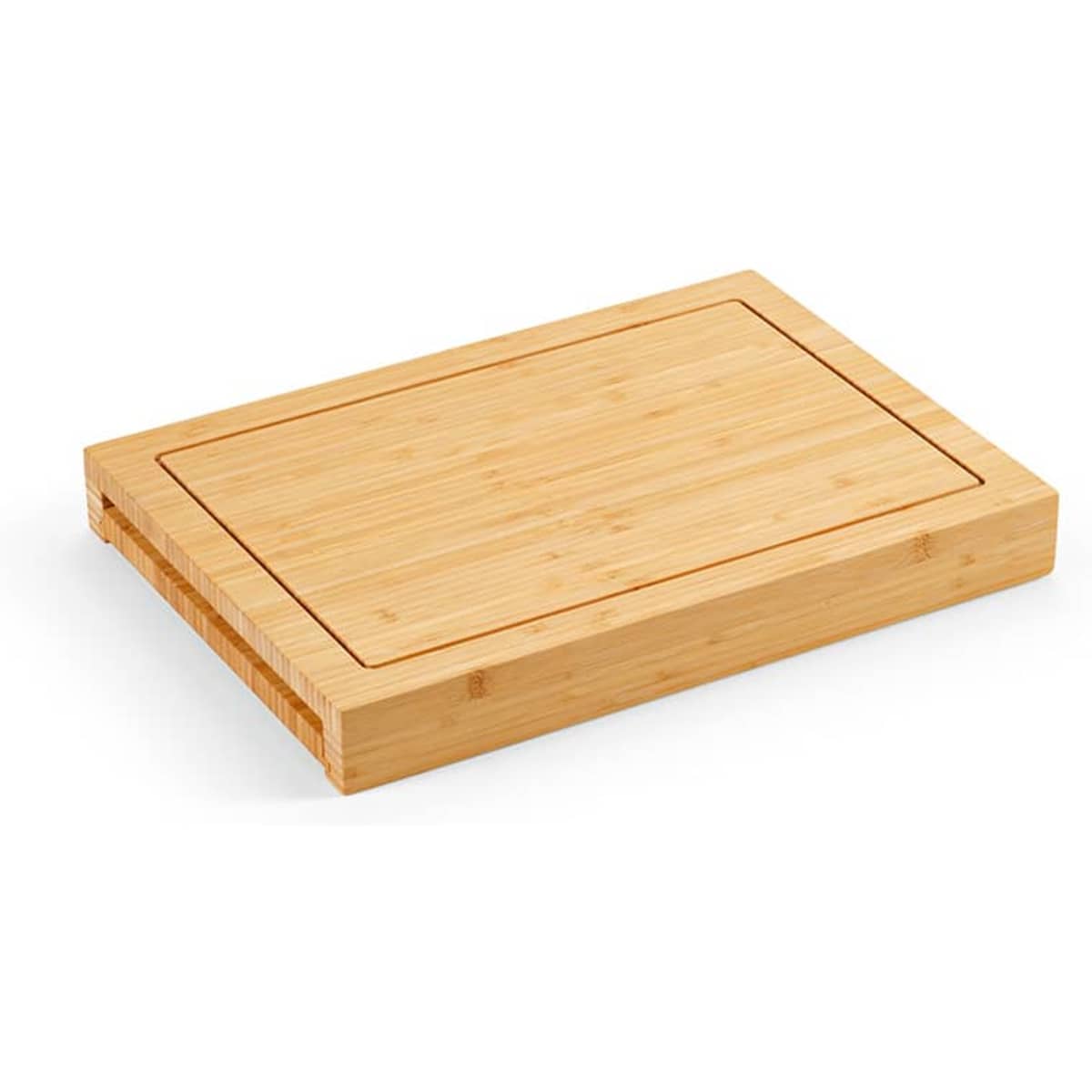 A bamboo cutting board with a smooth surface, featuring a rectangular shape and a natural finish.