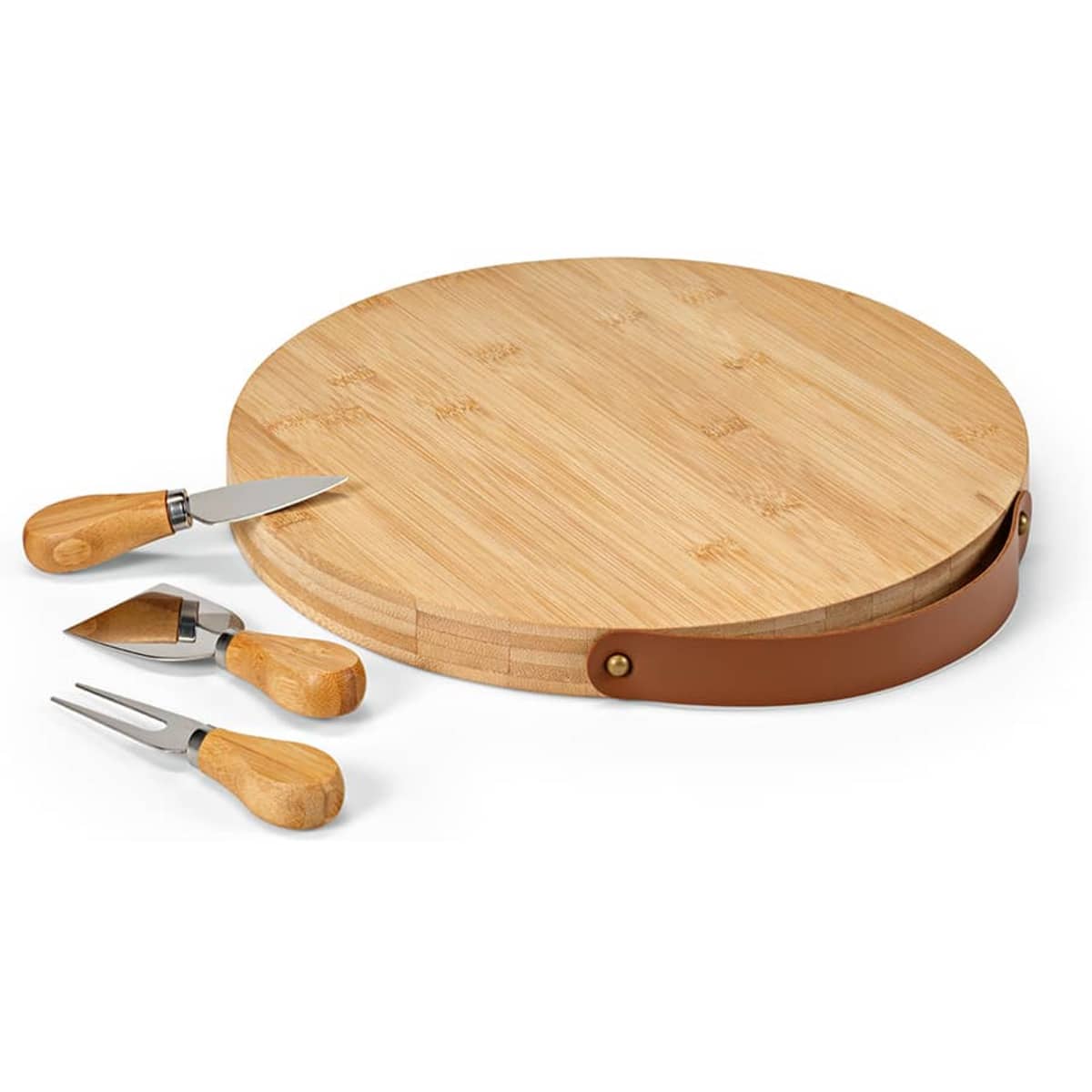 A round bamboo cheese board with a leather handle and three wooden-handled cheese utensils.