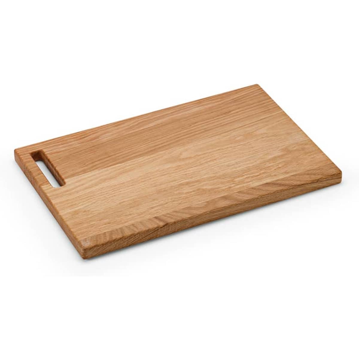 A wooden chopping board in natural oak finish, featuring a built-in handle for easy carrying.