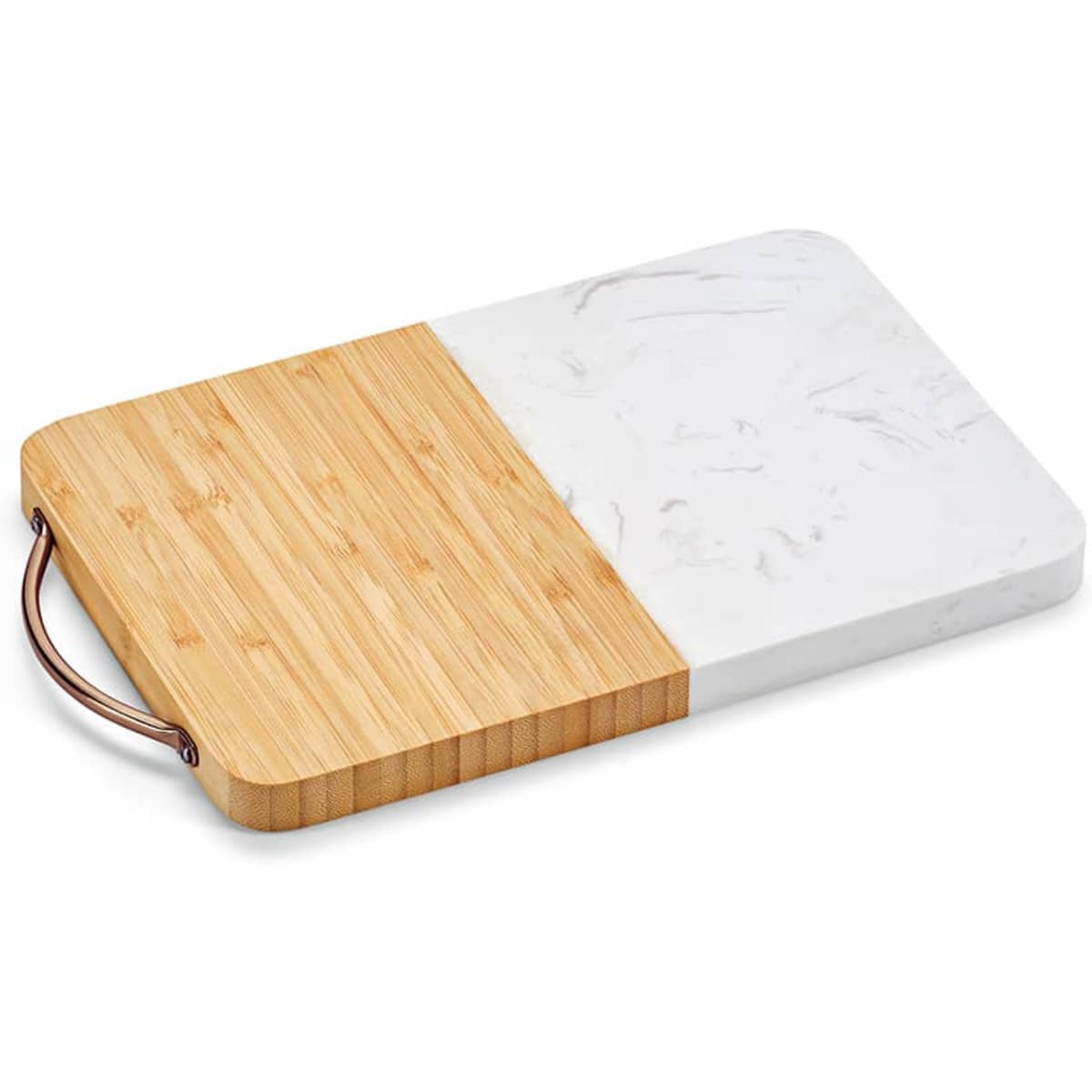 A marble and bamboo cutting board with a handle, featuring a white marble surface and a natural bamboo base.