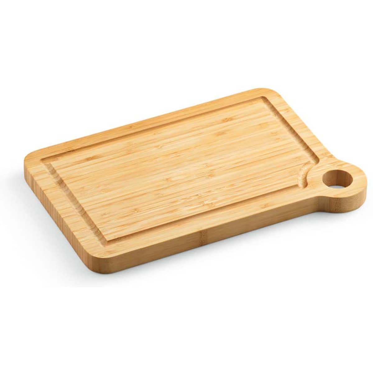 A bamboo cutting board featuring a built-in corner handle and a rectangular shape, showcasing natural wood grain.