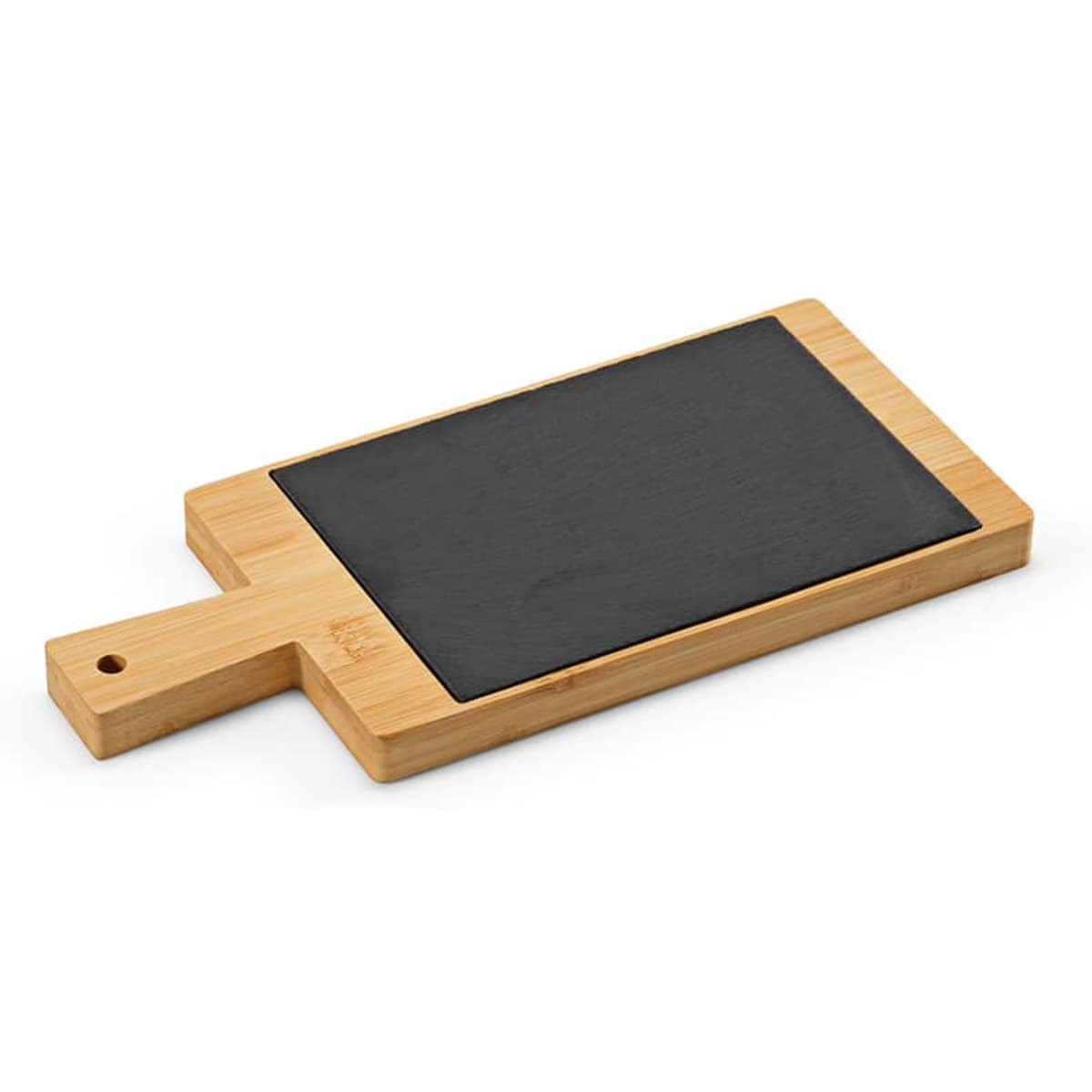A bamboo board slate with a black surface and a handle, featuring a small hole for hanging.