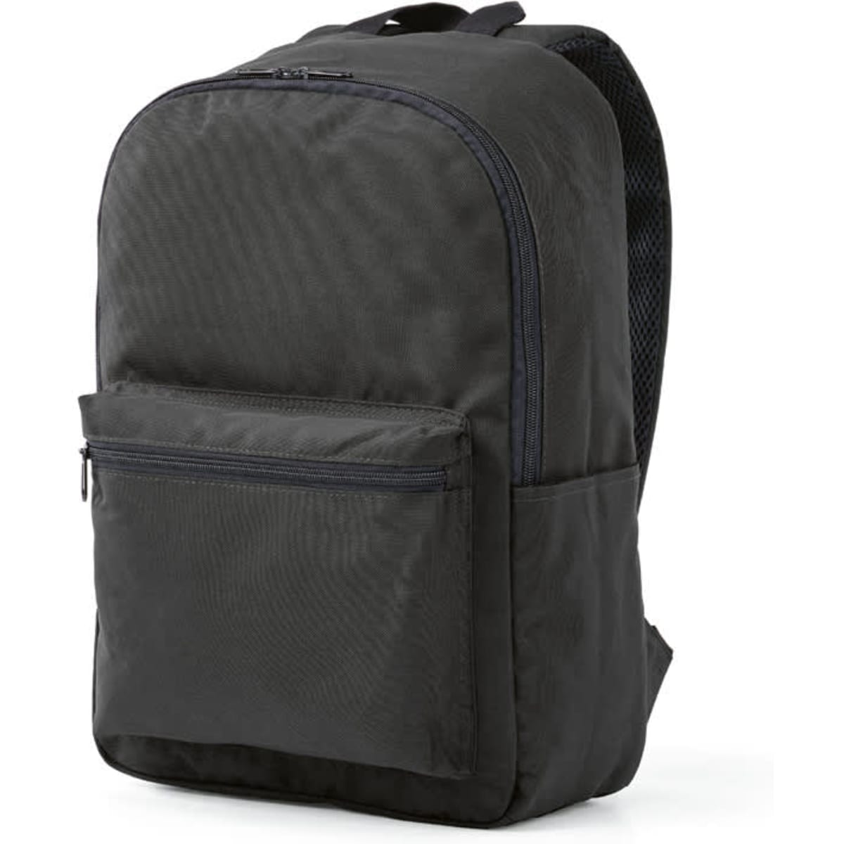 A black backpack with a front pocket, designed to fit a 15.6" laptop, featuring a logo.