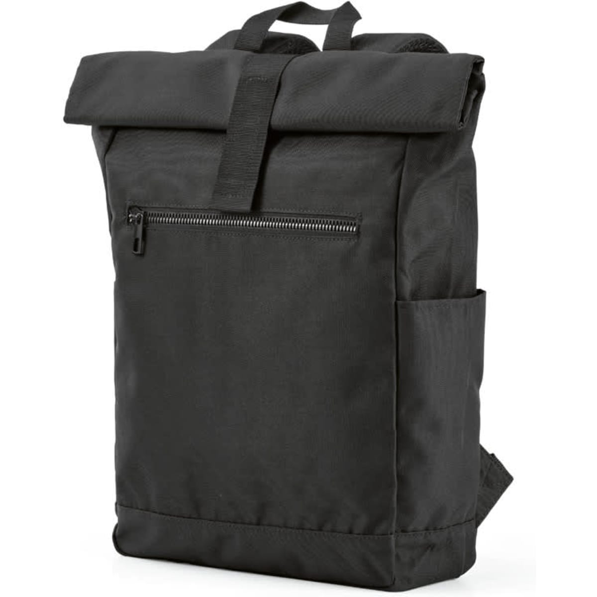 A black roll-top backpack with velcro closure, featuring a front zip pocket and side pockets. Includes branding.