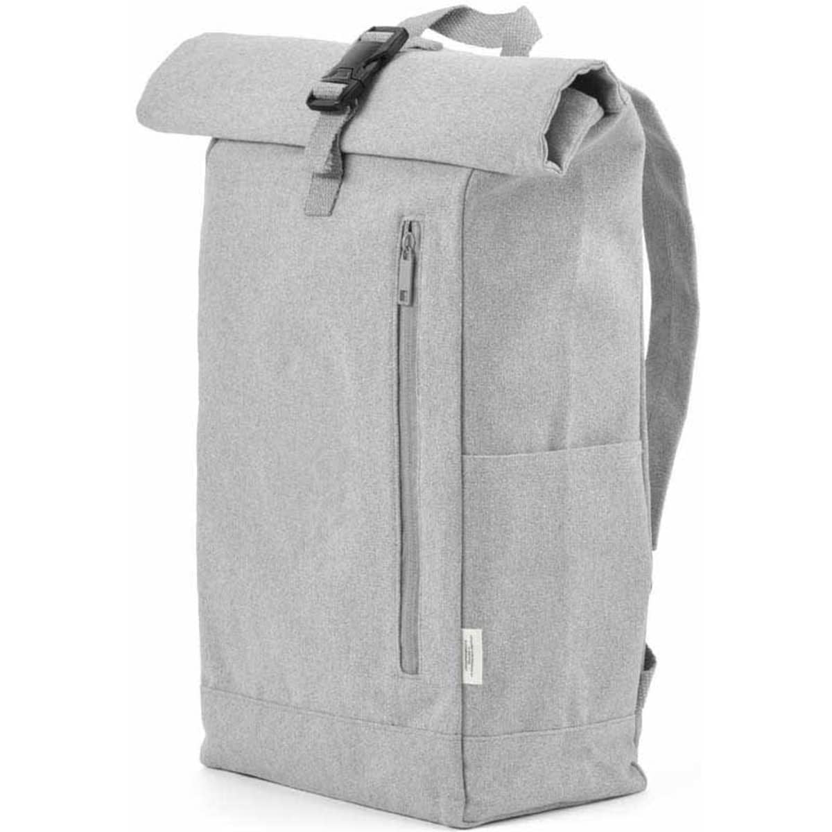 A grey roll-top backpack with a buckle closure and a zippered pocket on the front. Features a logo.