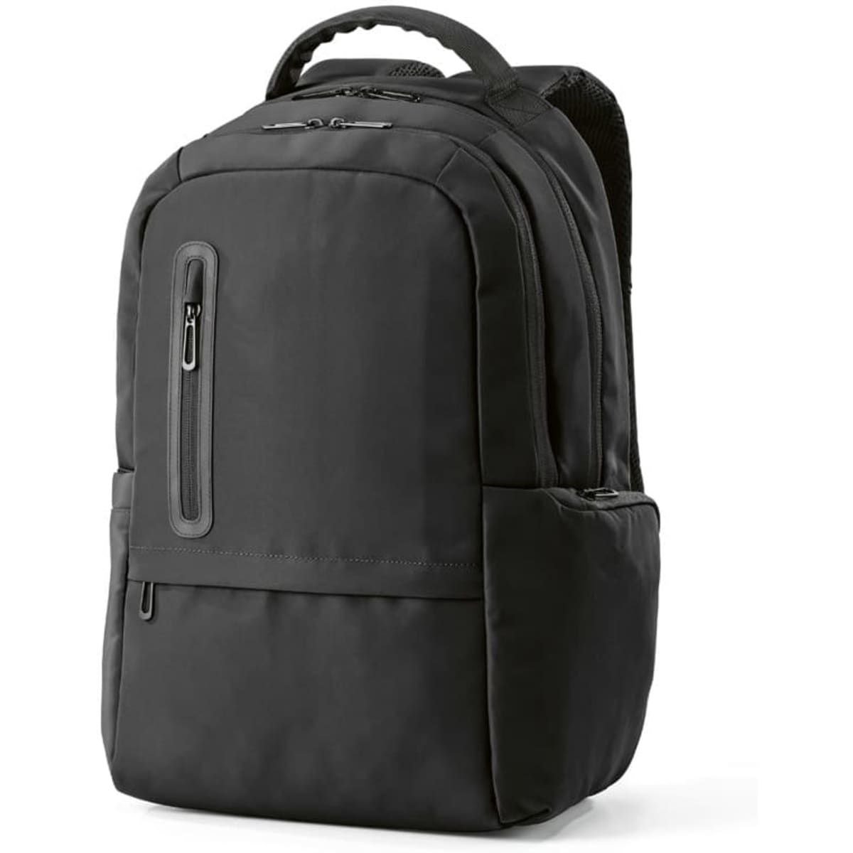 A black backpack with multiple compartments and a logo, designed to fit a 17" laptop and made from rPET material.
