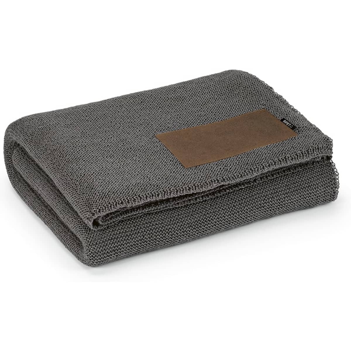 A folded grey blanket made from a rPET and wool blend, featuring a customisable patch. It includes a branding label.
