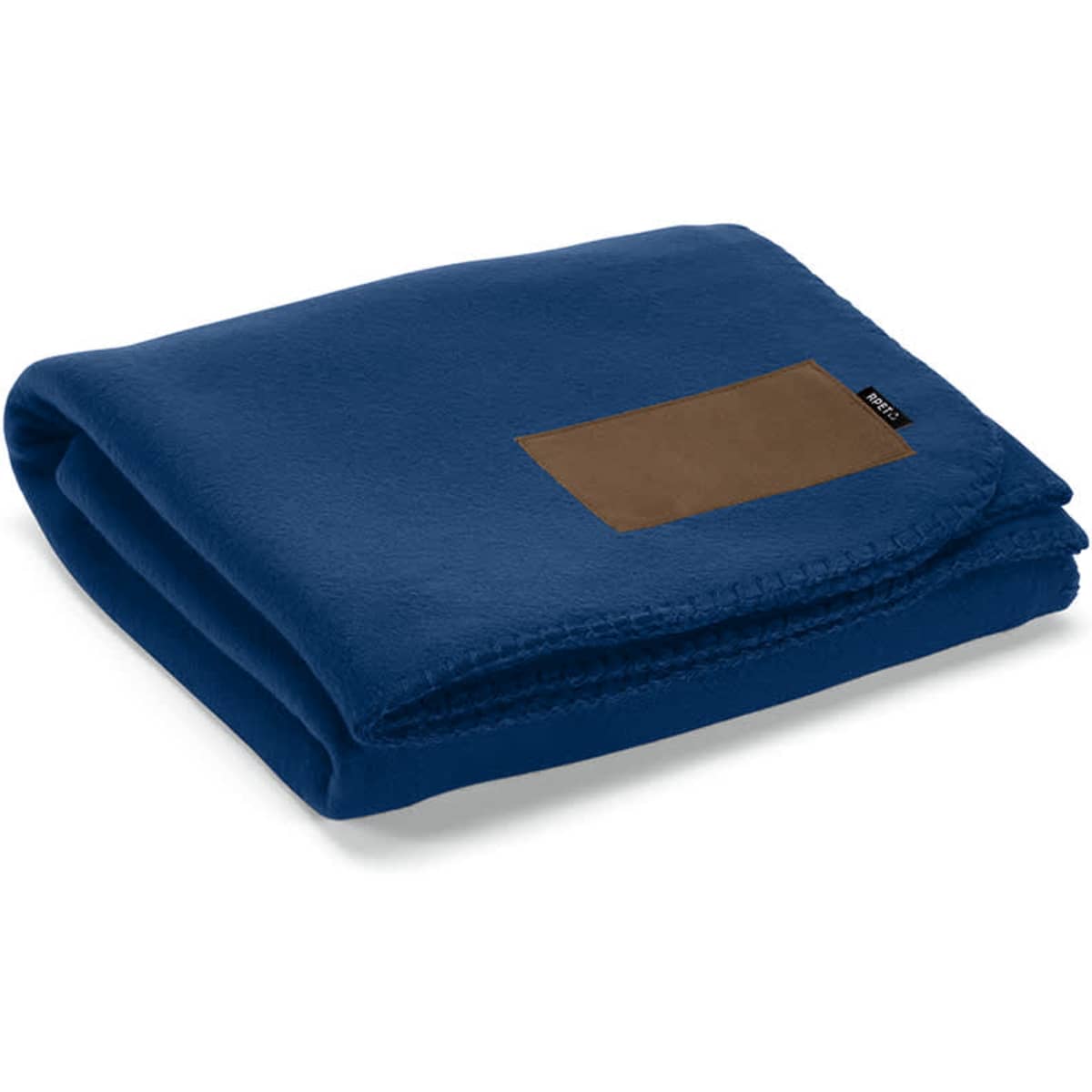 A folded blue blanket made from rPET fabric, featuring a customisable brown patch.