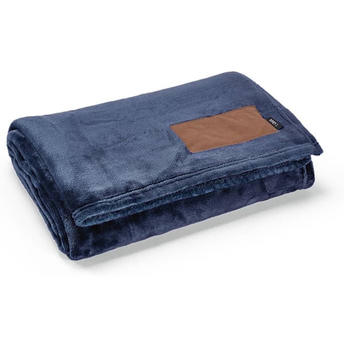 A folded navy blue blanket made from rPET fabric, featuring a customisable patch.