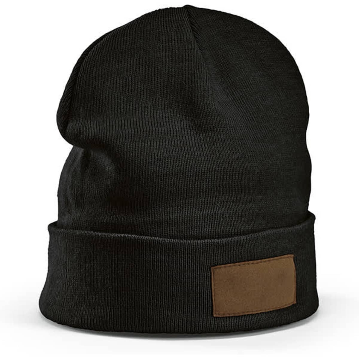 A black beanie with a fold and a customisable brown patch on the front. Features a brand logo.