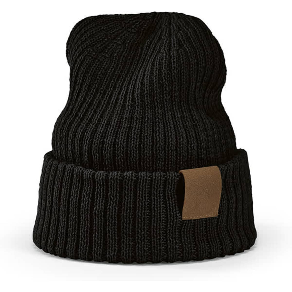 A black beanie with a ribbed design and a brown customisable patch. There is a logo on the patch.