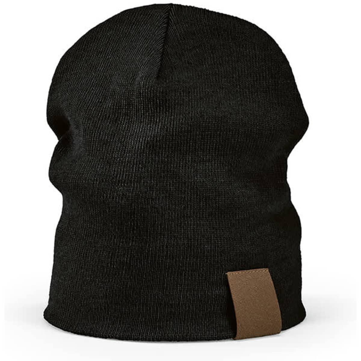 A black beanie with a customisable patch on the side and a soft knit texture.