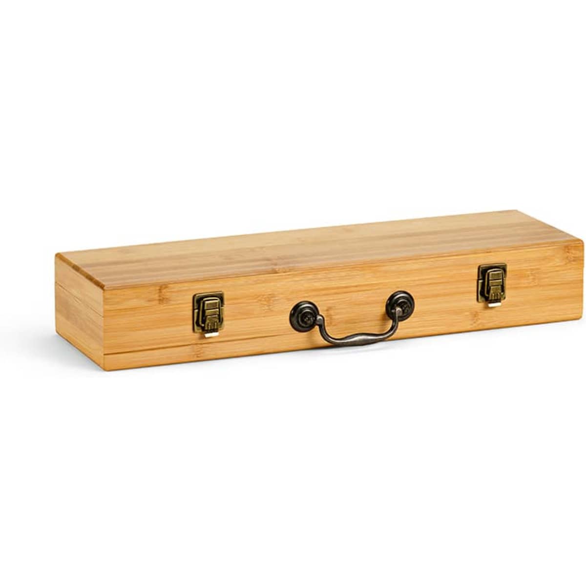 A bamboo case with metal fittings and handle, designed to hold barbecue tools.
