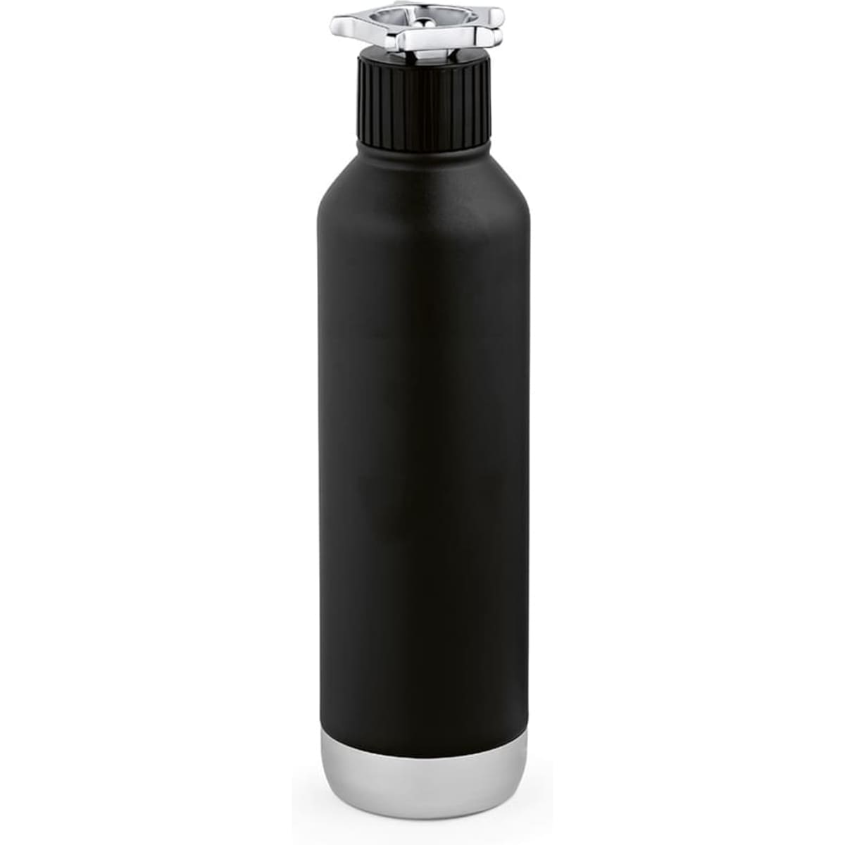 A drink bottle in black with a silver base, featuring a wheel-shaped lid and double wall for insulation.