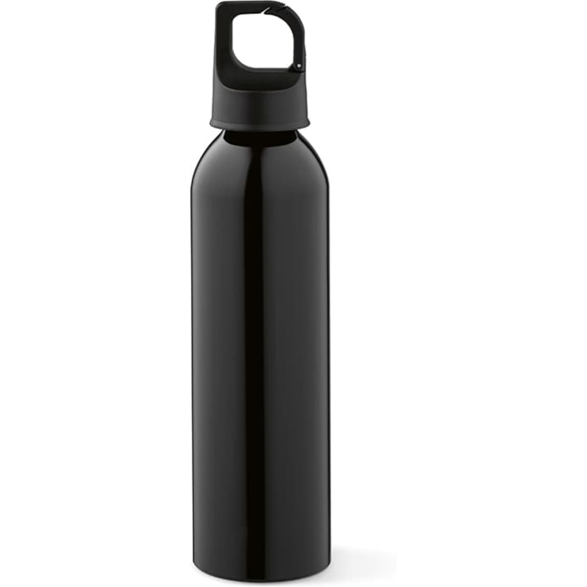 A drink bottle in sleek black aluminium, featuring a leakproof carabiner lid and a slim design.