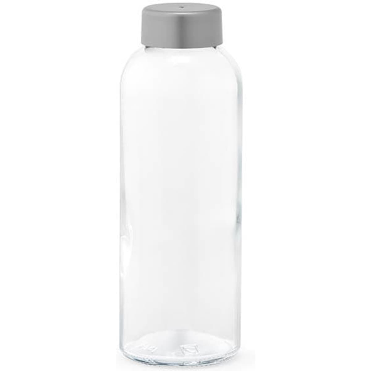 A drink bottle made of clear glass with a grey GPI lid. Features a simple design and a brand logo.