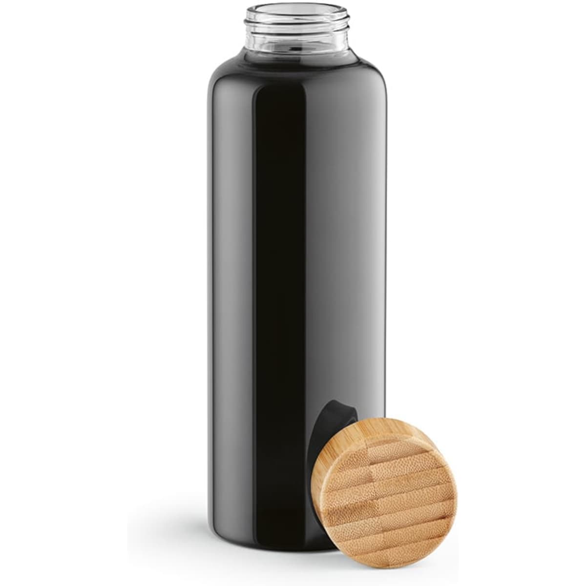 A drink bottle featuring sleek black borosilicate glass and a natural bamboo lid, holding 510 ml and designed to be leakproof.