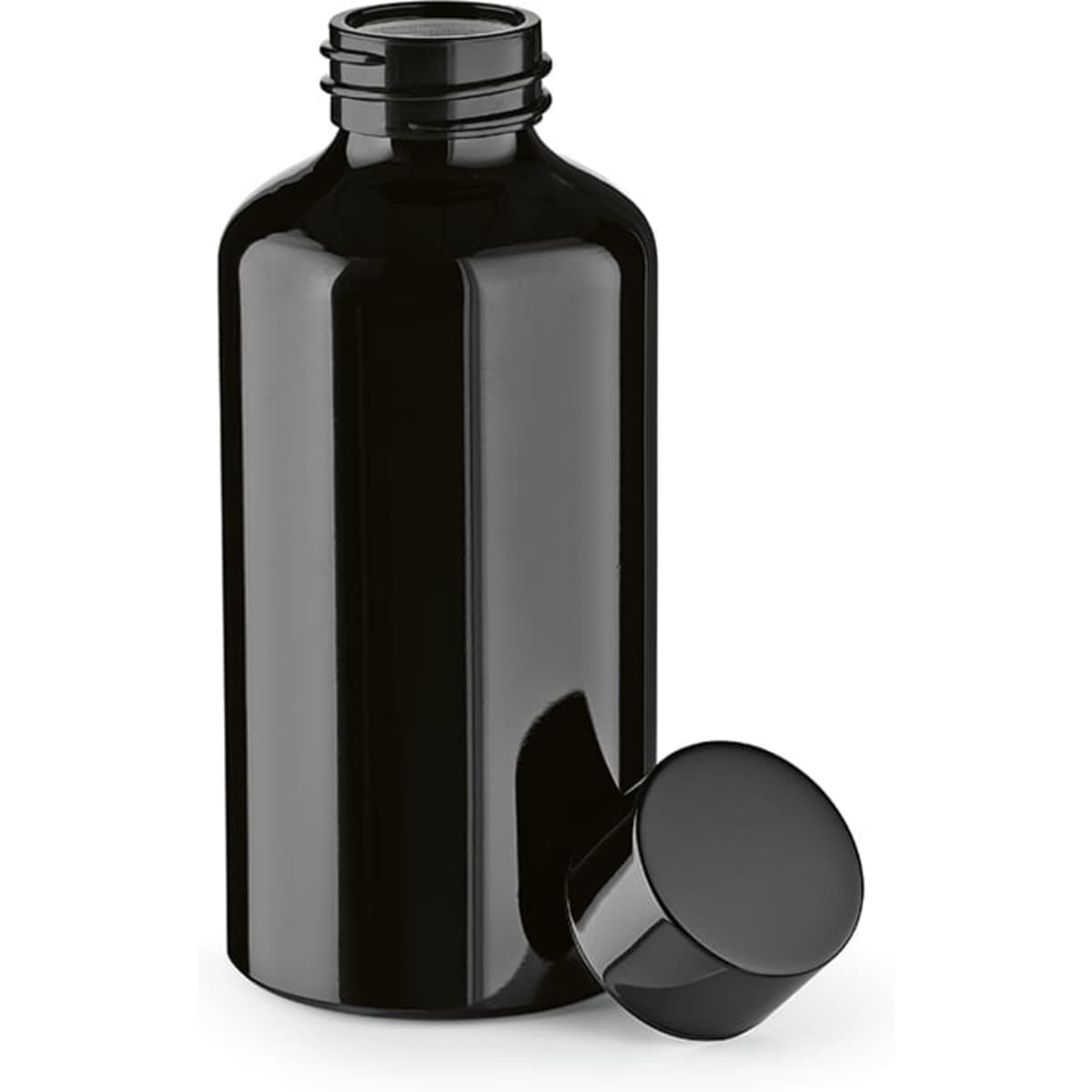 A drink bottle in black aluminium, 550 ml capacity, featuring a single wall and a leakproof design.