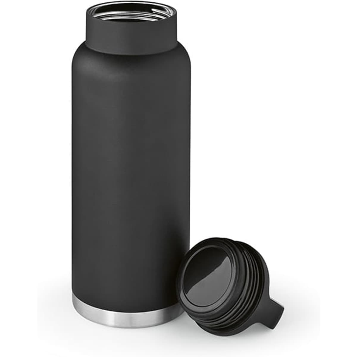 A drink bottle in matte black with a silver base, featuring a separate leakproof cap and handle.