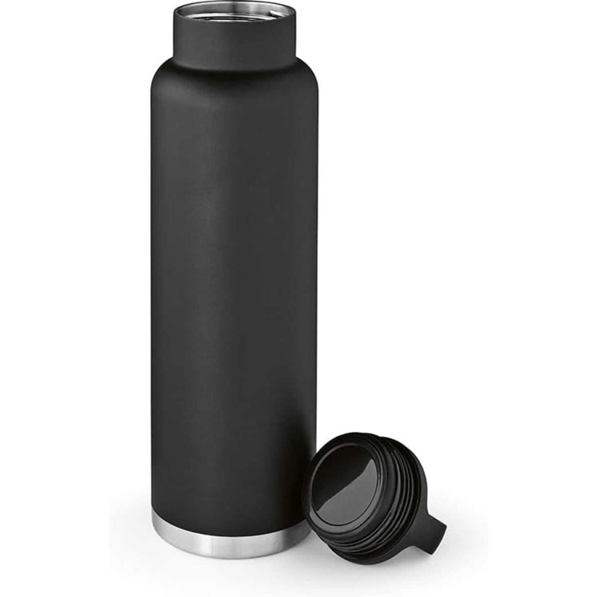 A drink bottle in matte black featuring a double wall, leakproof design, and a handle. Includes a removable lid.