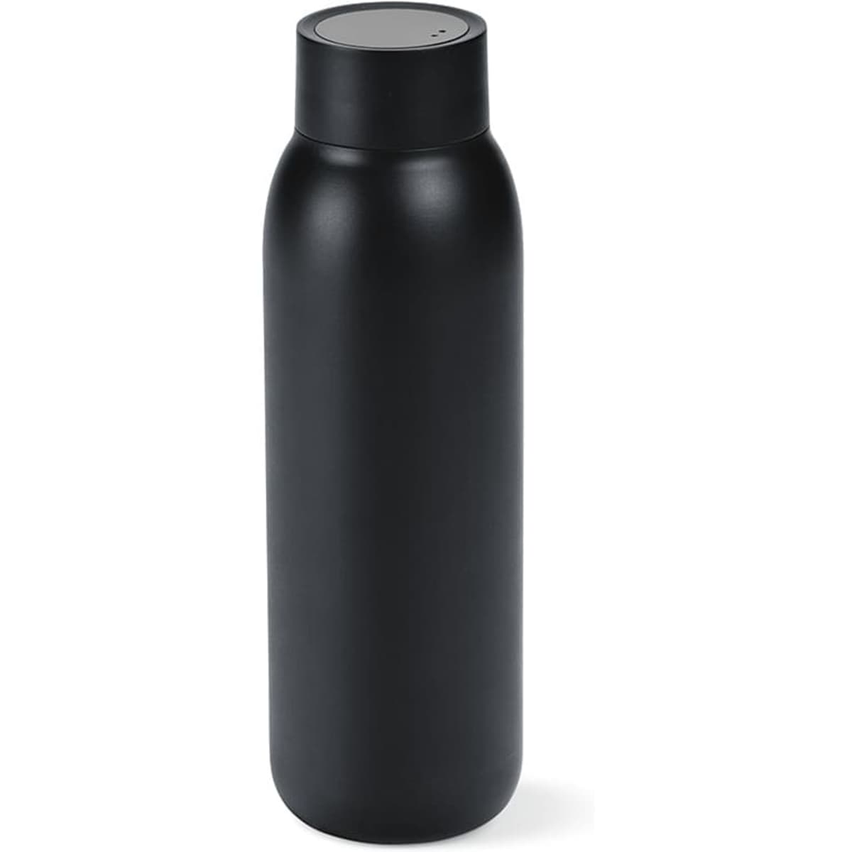 A drink bottle in black with a double wall, leakproof design, and an LED display. Features a logo.