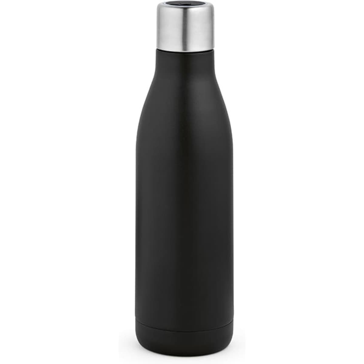 A drink bottle in matte black with a stainless steel lid, featuring a logo. Double wall and leakproof design.