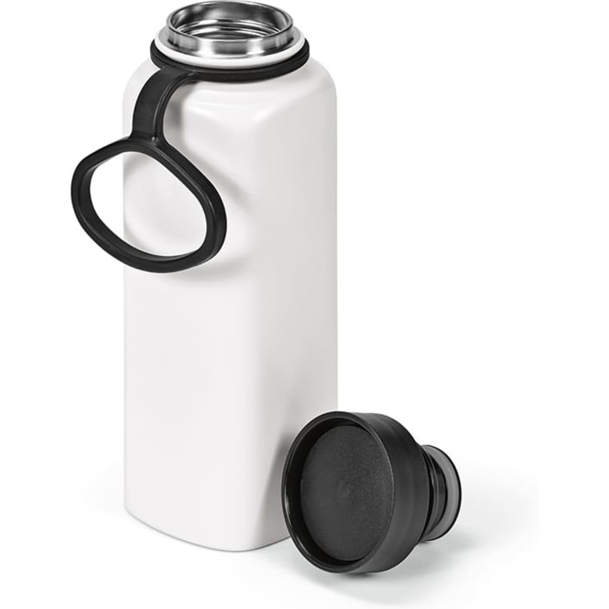 A drink bottle in white with a black leakproof lid and a handle, showcasing a double-wall design.