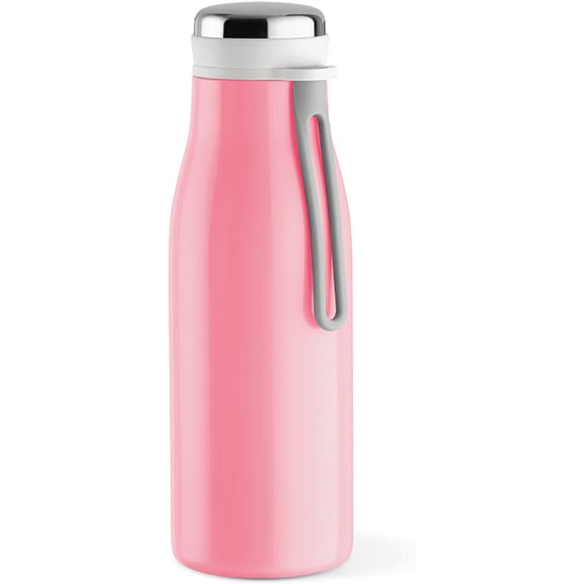 A drink bottle in bright pink with a double wall, leakproof design, and a handle. It features a logo.