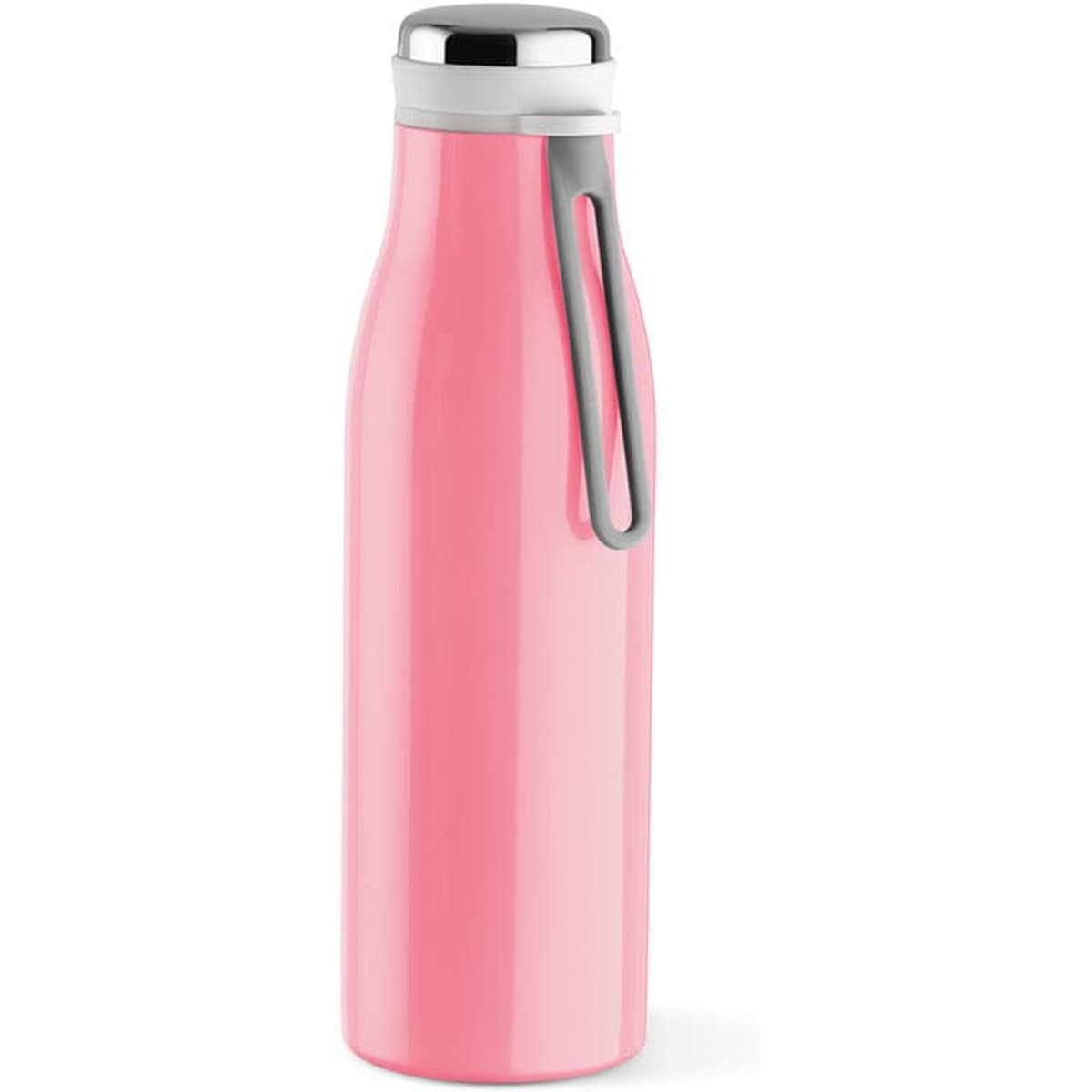 A drink bottle in a glossy pink finish, featuring a double wall, handle, and leakproof design. It has a logo.