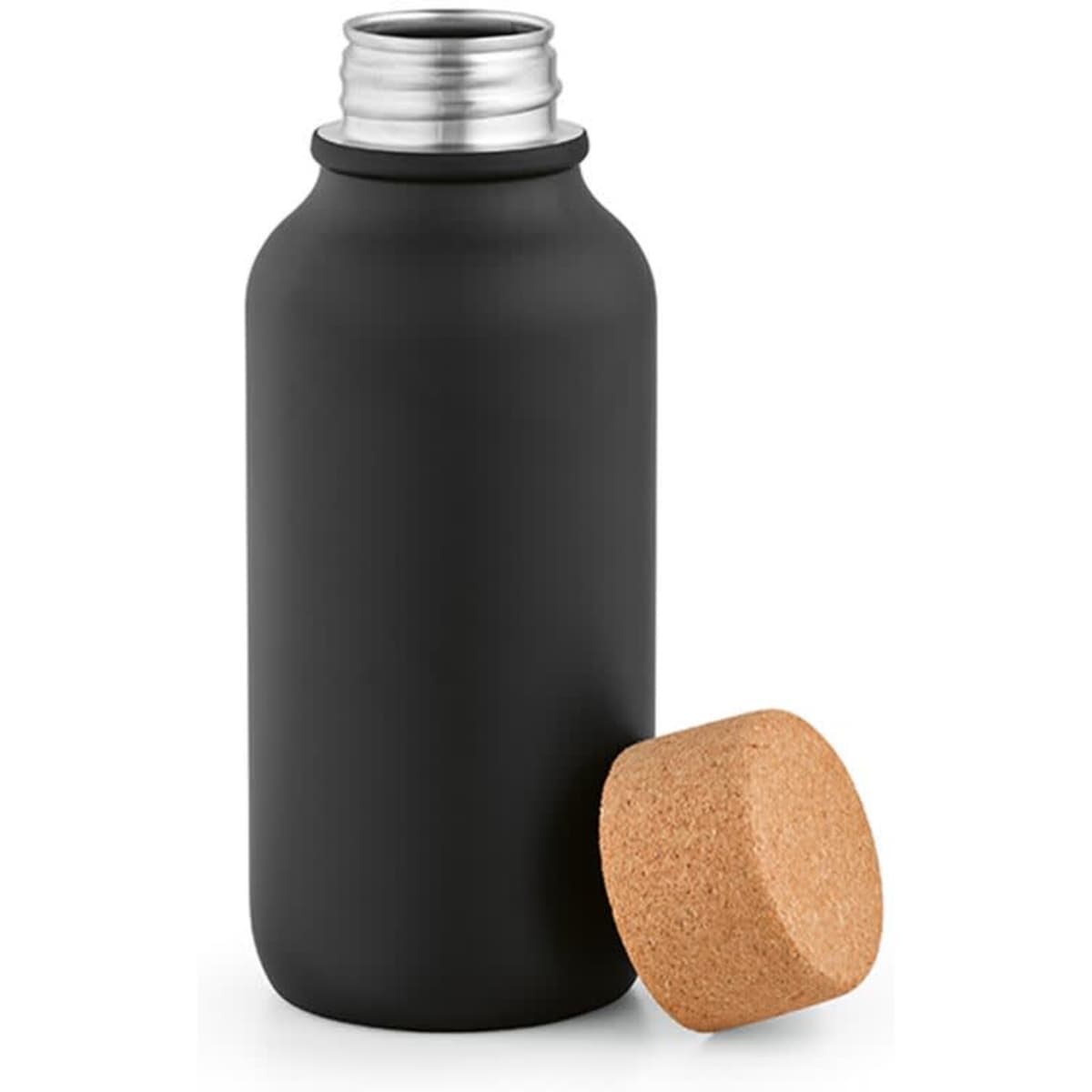 A drink bottle with a matte black finish and a cork lid, featuring a single wall and leakproof design.