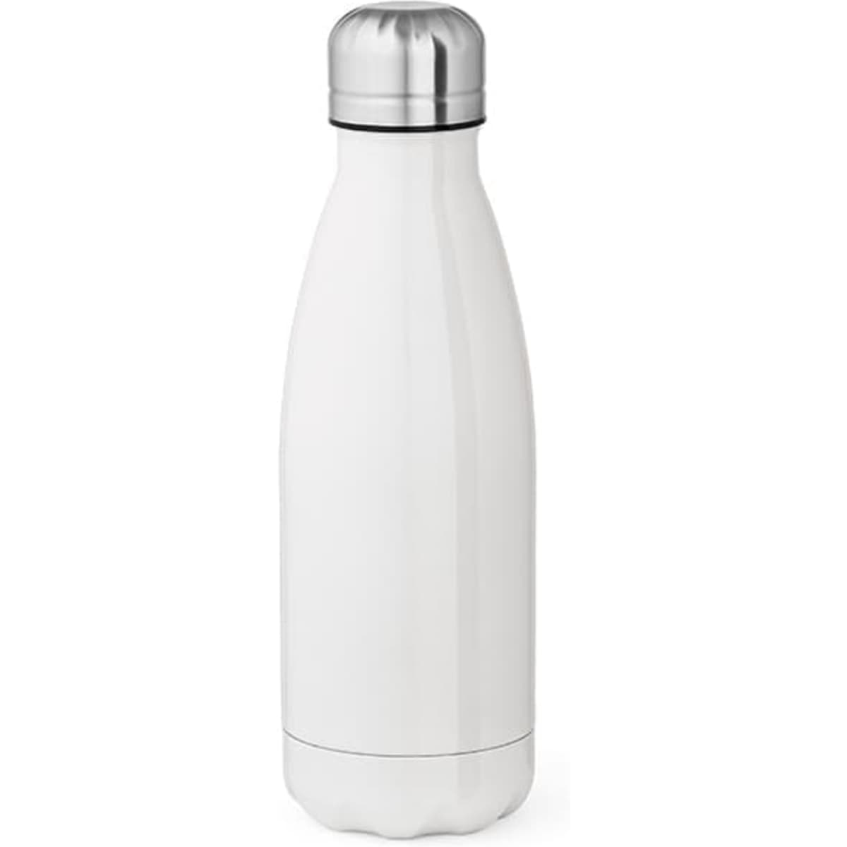 A drink bottle in white with a stainless steel cap, featuring a branding logo and double wall for insulation.