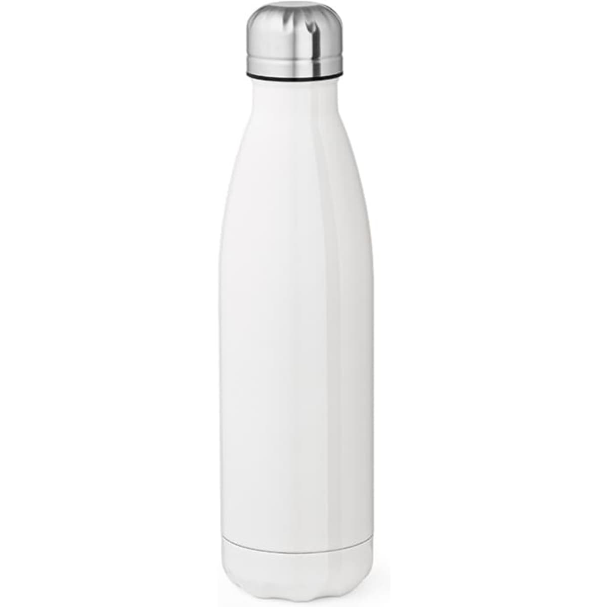 A drink bottle in white with a stainless steel cap, featuring a smooth surface suitable for sublimation.