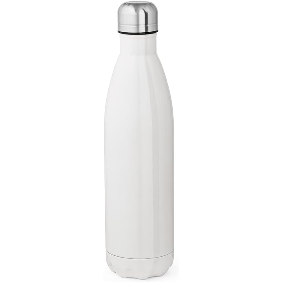 A drink bottle in white with a silver stainless steel lid, featuring a smooth, double-walled design for sublimation.