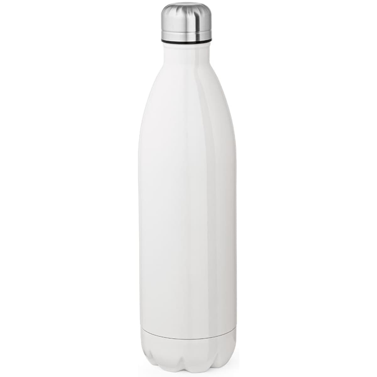 A drink bottle in white, featuring a double-wall design for insulation and a silver lid, with a branding logo.