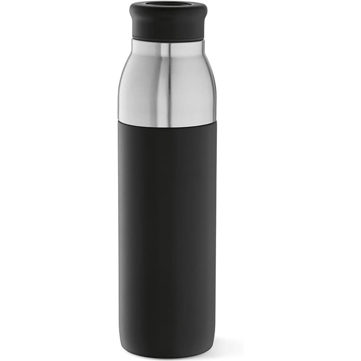 A drink bottle with a stainless steel top and a matte black body, featuring a logo. Double wall and leakproof design.