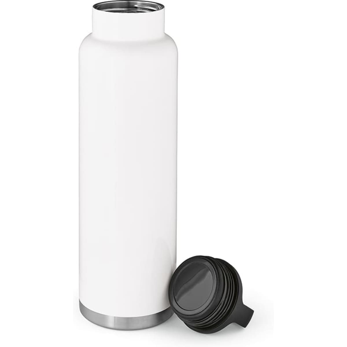 A drink bottle in white, double-walled design, with a black screw-on lid. Features a logo on the side.