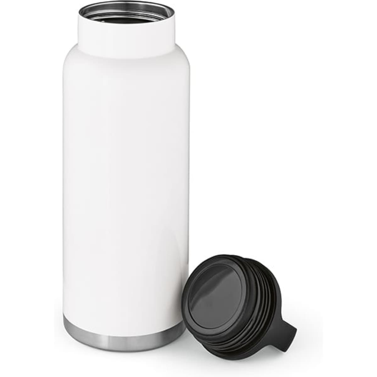 A drink bottle in white with a stainless steel base and a black lid placed beside it. Features double-walled design for sublimation.