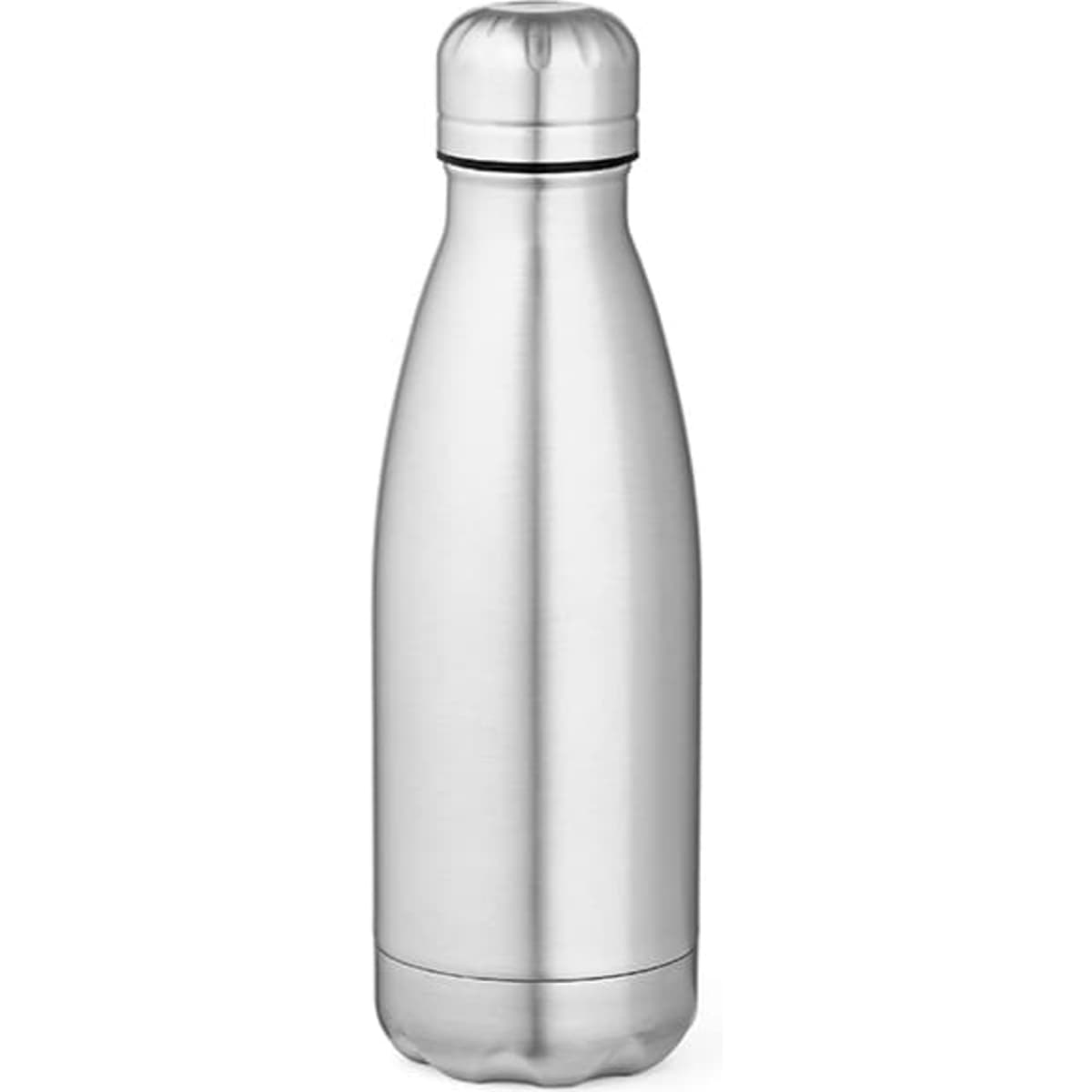 A drink bottle in shiny stainless steel with a double wall design, featuring a screw-on lid and a small logo.