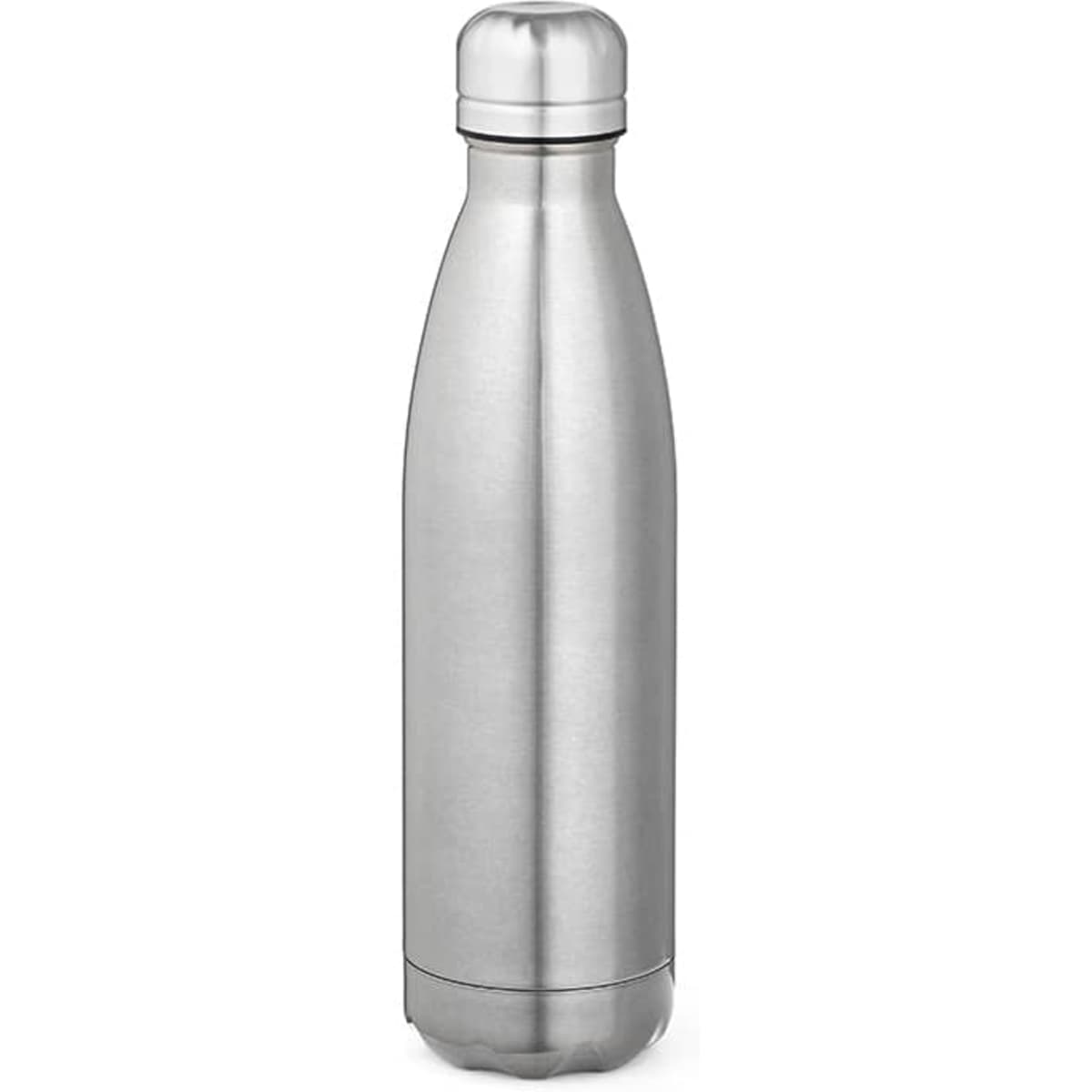 A drink bottle with a shiny silver finish, double-walled design, and a rounded cap. It features a logo.