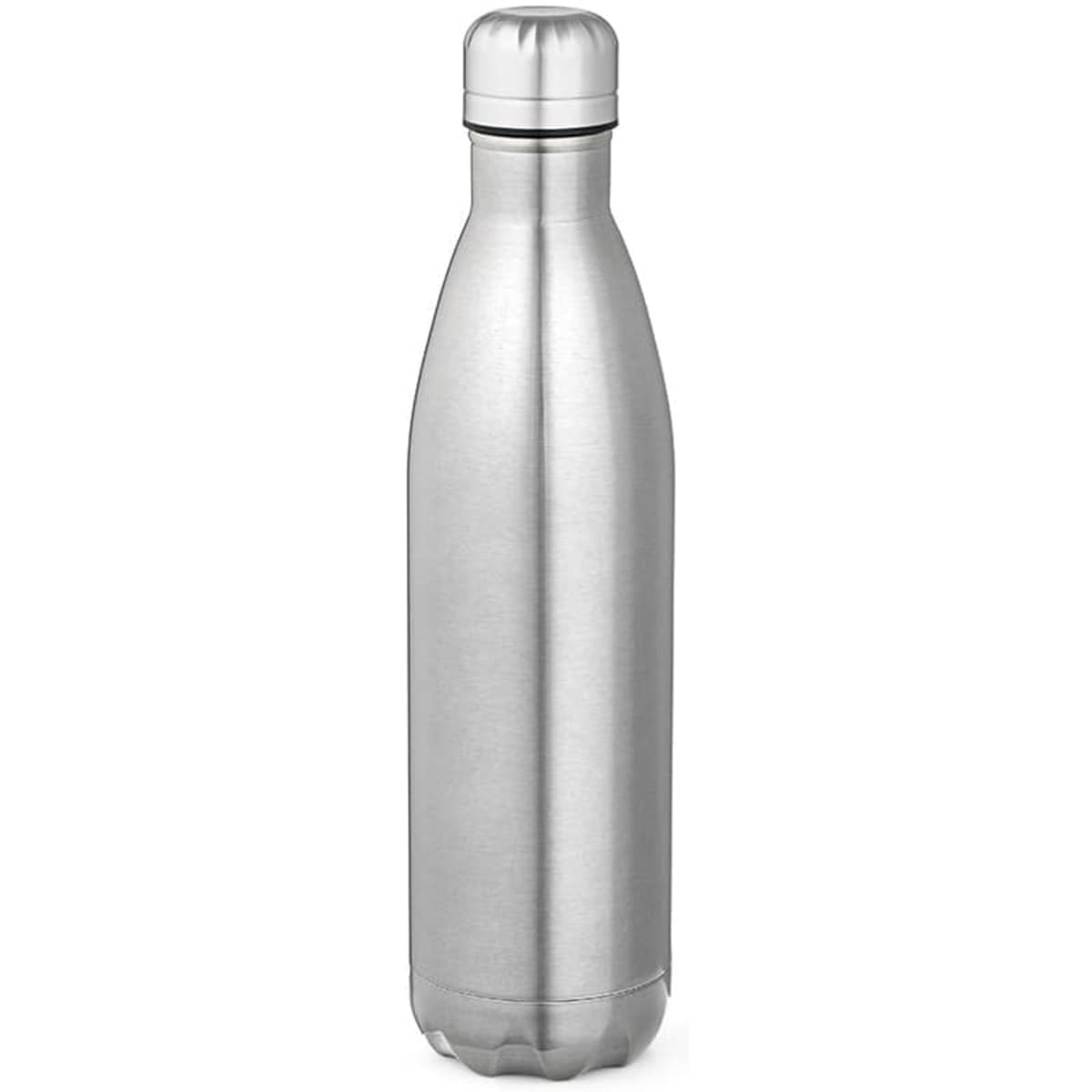 A drink bottle with a shiny, stainless steel finish, featuring a double wall and a modern design.
