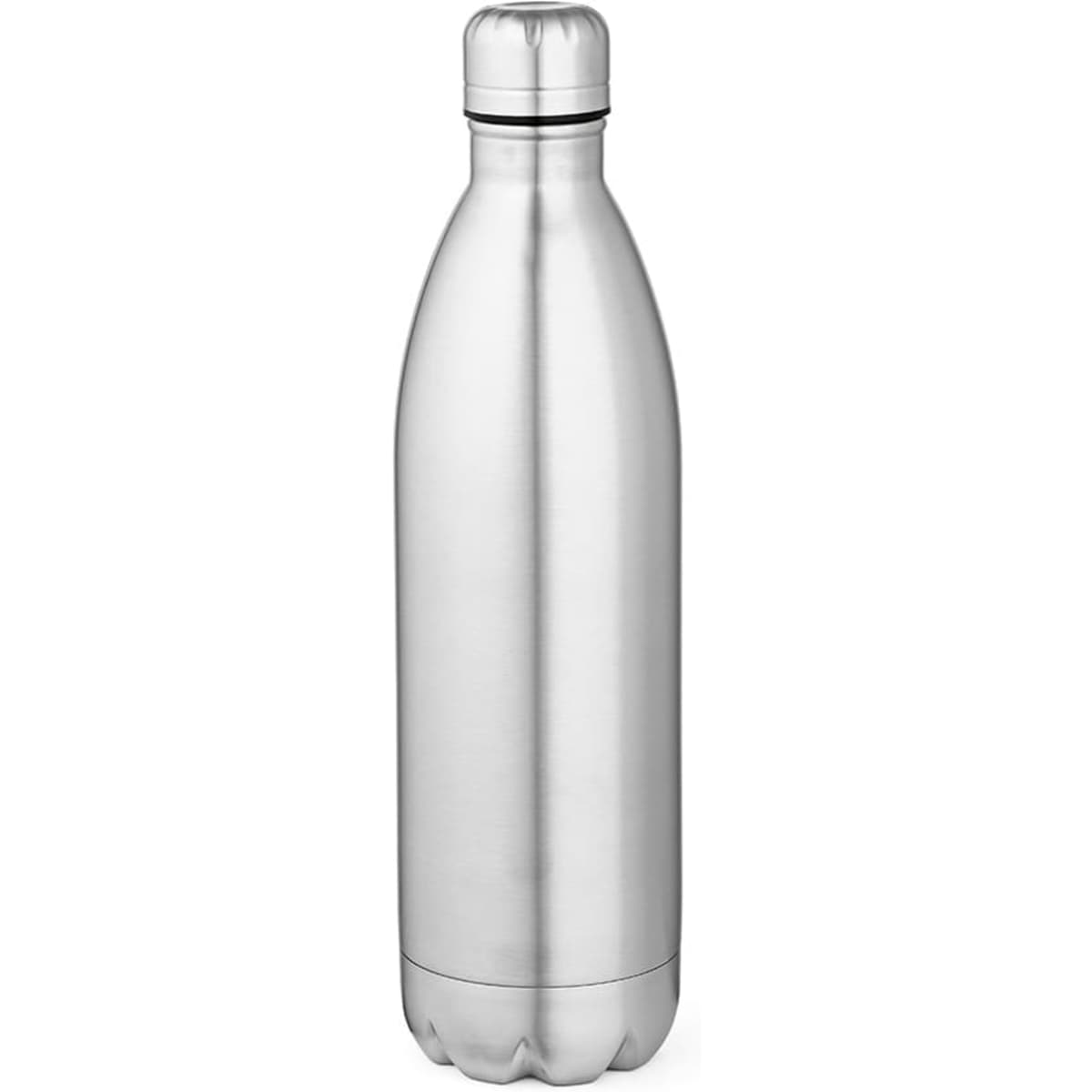 A drink bottle made of shiny silver stainless steel, featuring a double wall design and a standard cap.