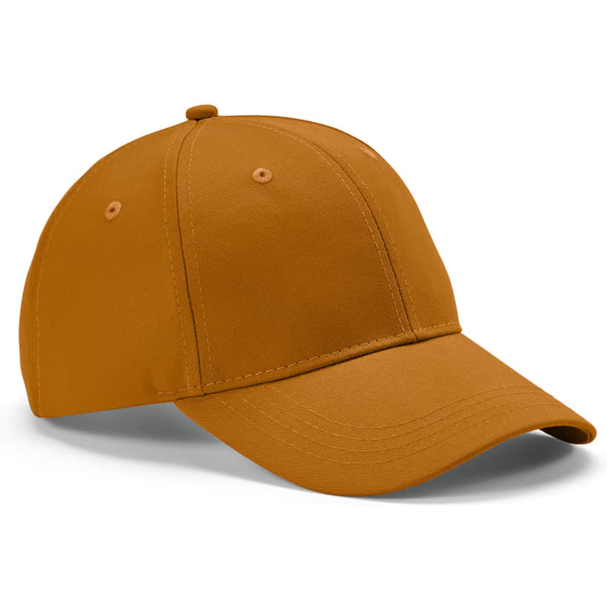 An orange cap with six panels and a metal buckle closure, featuring an unspecified logo.