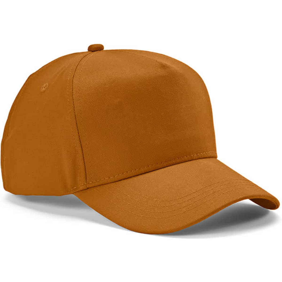 A brown cap with five panels and a metal buckle closure, featuring a logo.