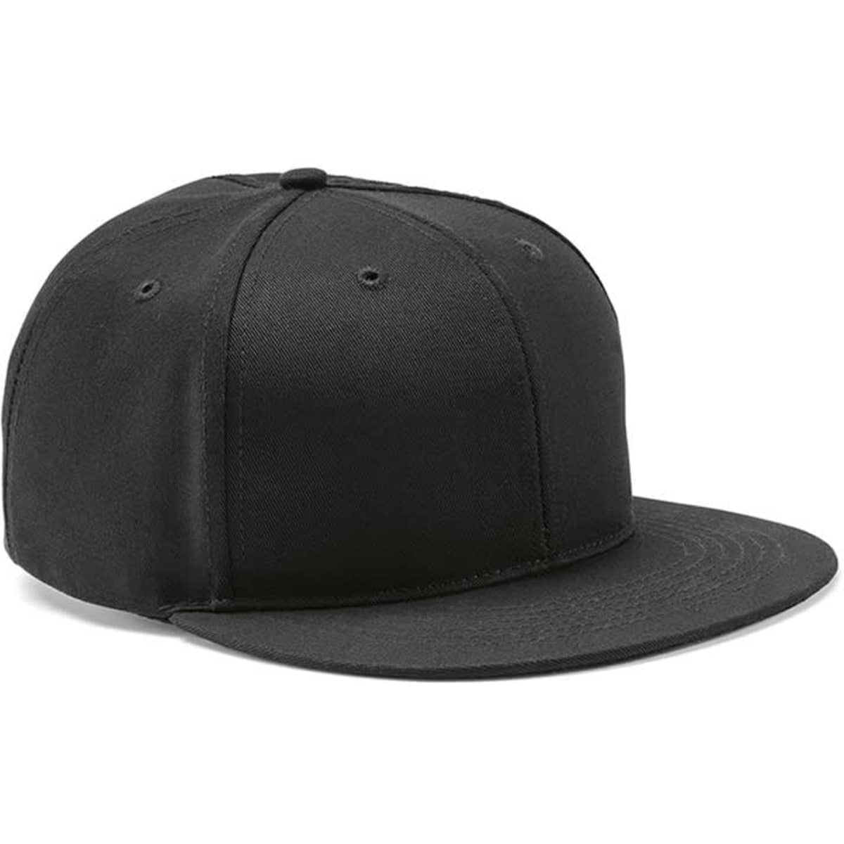 A black five-panel cap with a snap closure and a smooth fabric finish. It features a logo on the front.